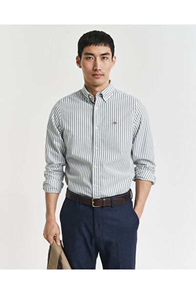 Gant Erkek Yeşil Slim Fit Düğmeli Yaka Çizgili Oxford Gömlek