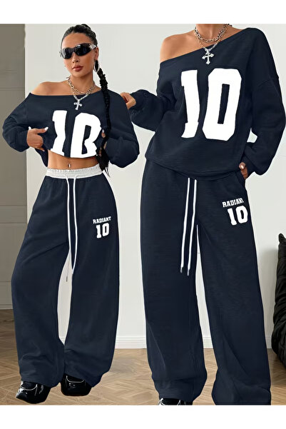 Machetta Women's Navy Blue 10 Printed Boat Neck Sweatshirt White Waist Detailed Sweatpants Two-Piece Bottom-Top Set