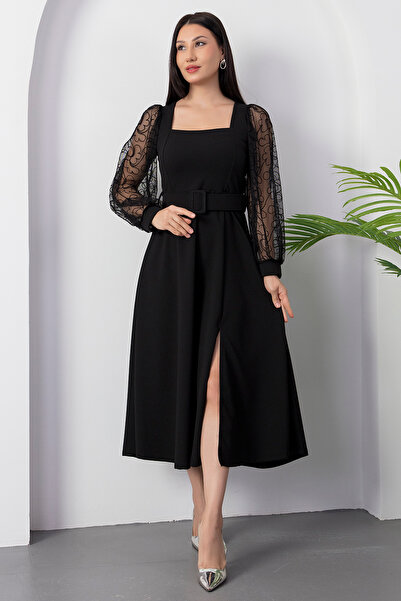 PULLIMM Square Neck Sleeves Flocking Belted Scuba Dress 2025-4374