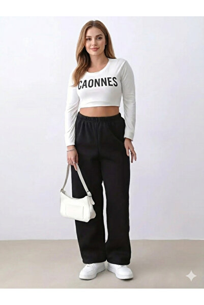 yx yustex sport KIŞLIK İÇİ ŞARDONLU Siyah Kadın Rahat Kalıp Bol Paça Eşofman Altı Baggy Kalıp Bol Paça