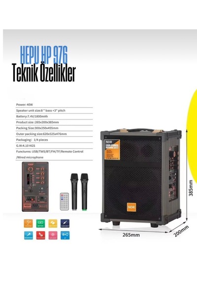 HEPU HP-976 Taşınabilir Party Speaker | 40W Bluetooth Hoparlör | 8" | 2 Kablo...