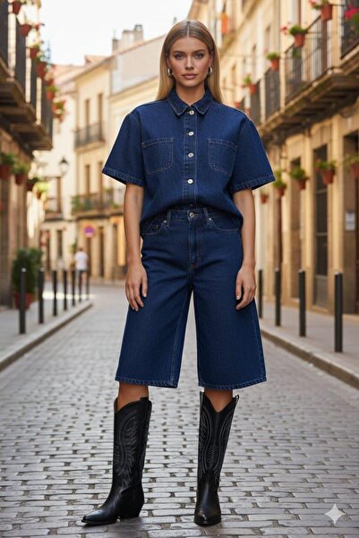 Polo State Women's Navy Blue Denim Shirt & Wide Leg Bermuda Jean Denim Shorts Two-Piece Set