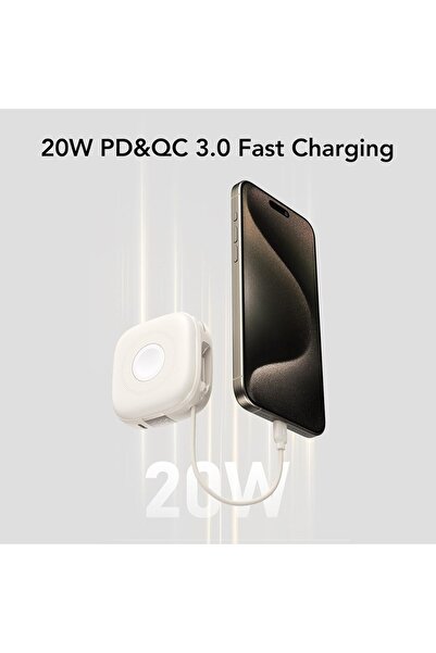 Veger Mini Power Bank 10000mAh - Wireless Apple Watch Charger with Built-in Cables, 20W PD/QC Fast C