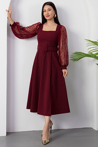 PULLIMM Square Neck Sleeves Flocking Belted Scuba Dress 2025-4374