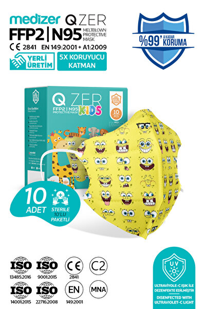 Medizer Qzer Sarı Sünger Desenli FFP2 N95 Maske 5 Katmanlı 10 Adet