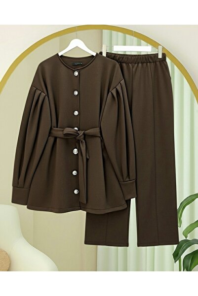 HİJABAYA Beli Belted Buttoned Front Pants Scuba Suit - Brown