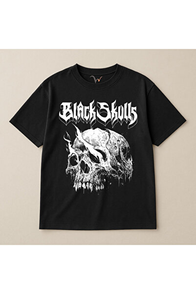 WİDİ Black Skulls Kurukafa Streetwear din bumbac 100% supradimensionat cu guler rotund Unisex T-Shirt