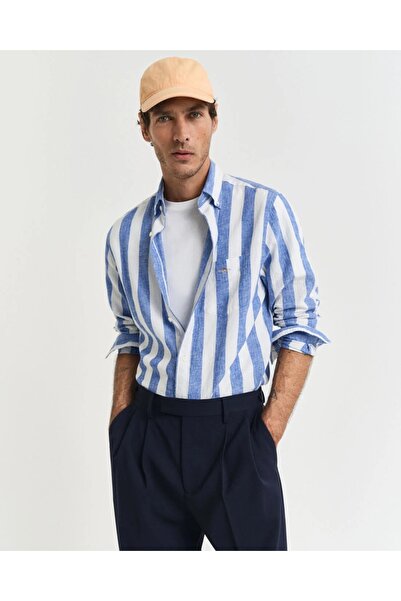 Gant Erkek Mavi Regular Fit Düğmeli Yaka Çizgili Gömlek