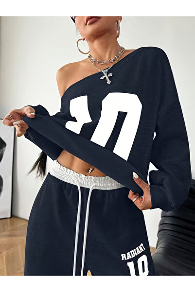 Machetta Women's Navy Blue 10 Printed Boat Neck Sweatshirt White Waist Detailed Sweatpants Two-Piece Bottom-Top Set