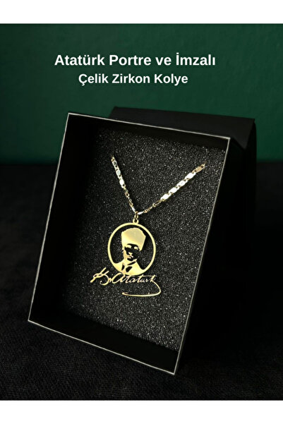 Tuana Trend Atatürk Portreli Atatürk İmzalı Çelik Sembol Zirkon Kaplama Lazer...