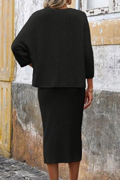 Mossta Round Neck Fleece-Lined Ribbed Knit Blouse Midi Skirt Two-Piece Set - Black