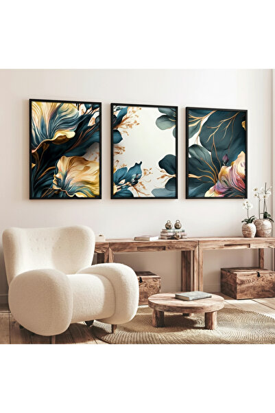 huhuli Ahşap Siyah Çerçeveli 3'lü Çiçek Desenli Modern Tablo Seti - Salon Duv...