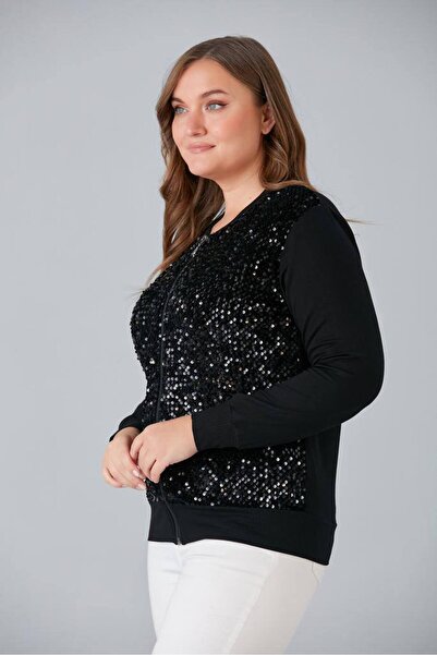 QUAWEAR Crew Neck Sequin Embroidered Zippered Combed Cotton Fabric Jacket