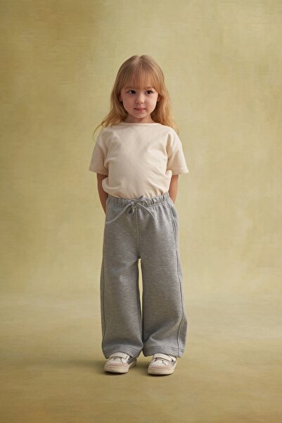 EBU Prive بنطلون بناتي واسع الساقين من نوع إنترلوك باللون الرمادي الميلانج