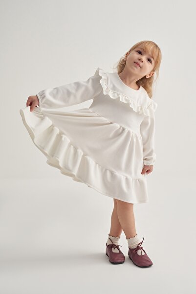 EBU Prive Girl's Corded Fabric Layered Ruffle Dress Ecru