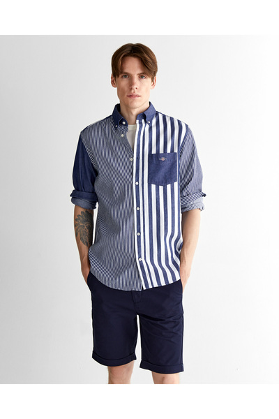 Gant Erkek Mavi Regular Fit Düğmeli Yaka Çizgili Gömlek