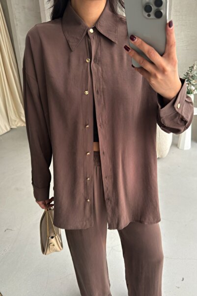 BEJNA Women's Brown Metal Button Detailed Flowy Silky Modal Bottom Top Set