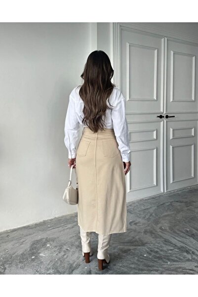 SHEVANE Women's 2.0.2.6 High-Waist Front Slit Laser Cut Midi-Length Linen Skirt (New Creation)