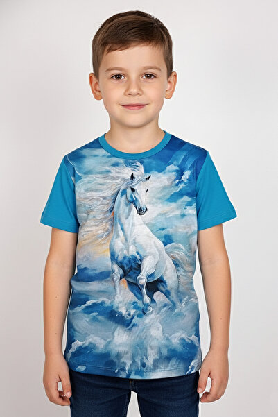 Vaxy Style Boy's Crew Neck Relax Fit Cotton Noble White Horse Blue Sky Printe...