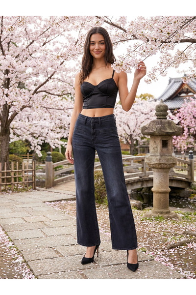 Limiteds Kadın Siyah Geniş Paça Black Flare Designer Jeans Rigid Denim 100% P...