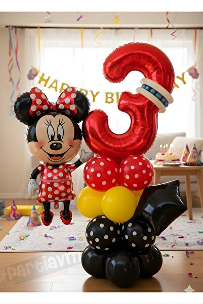 PARTİAVM 3 Yaş Kırmızı Rakam Balonlu Mickey Mouse Balon Seti Mini Miki Fare T...