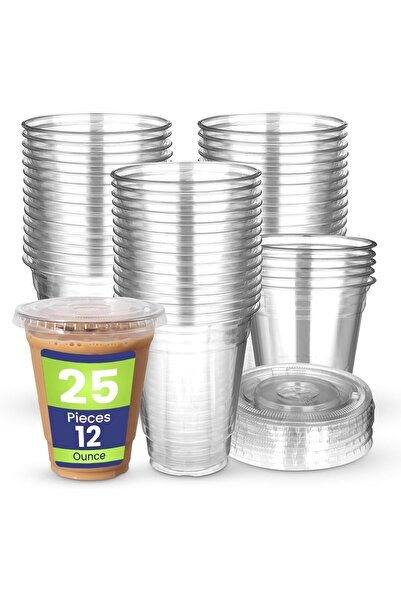 SNH Packing أكواب عصير SNH، 25 قطعة، سعة 12 أونصة، مع غطاء - أكواب بلاستيكية شفافة للاستخدام مرة واحدة