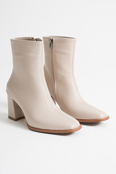 Zerenyus Mue Premium Women's Beige Thick Heeled Zippered Boots