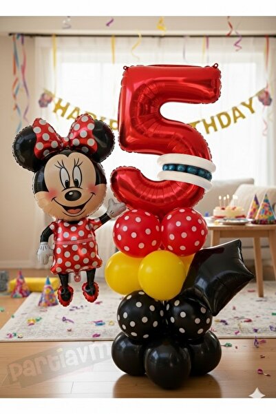 PARTİAVM 5 Yaş Kırmızı Rakam Balonlu Mickey Mouse Balon Seti Mini Miki Fare T...