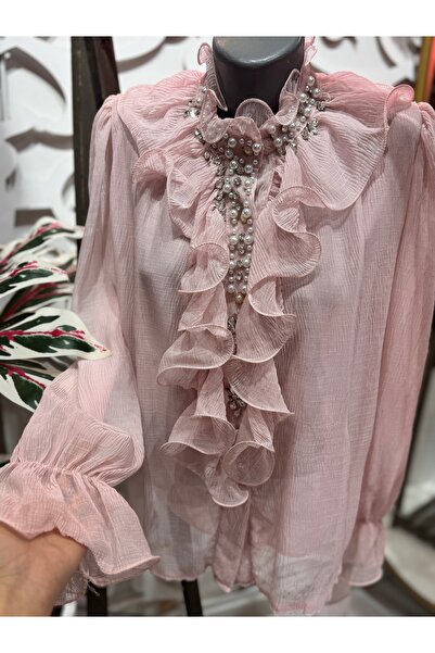 ŞEHRAZAT BUTİK Pearl Design Shirt with Flounce on the Front