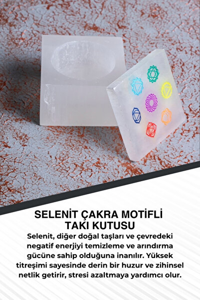 Saff Doğal Taş Selenit Çakra Motifli Kare Takı Kutusu
