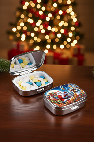 shop Noel Baba Temalı Metal Bölmeli Mini Hap ve Takı Kutusu - Aynalı Cep Orga...