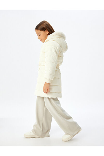 Koton Long Inflatable Hooded Coat with Fur Detail, Pockets and Belt