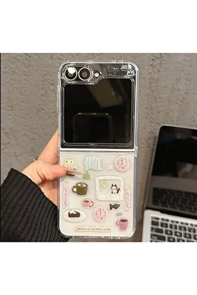 Generic جراب Z Flip 6 شفاف مصنوع يدويًا مع ملصقات إيبوكسي على شكل قطة كرتونية