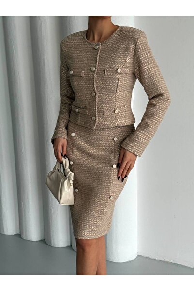 mass fashion Kadın Tüvit Elbise Ve Ceket Takım