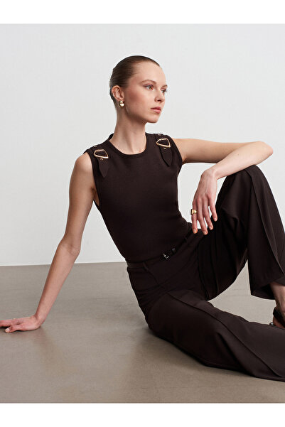 Dilvin 10823 Accessory Detailed Knitwear Blouse-Dark Brown