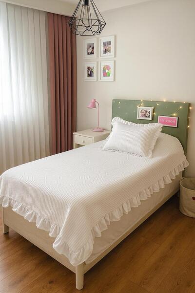 Pedimu Ruffle Detailed Knitted Pique Single Bedspread + Pillowcase (160×200 cm – 65×40 cm)