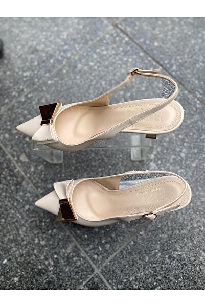 Aysun Ayakkabı krem fiyonk aksesuarlı arkası açık kadın ayakkabı