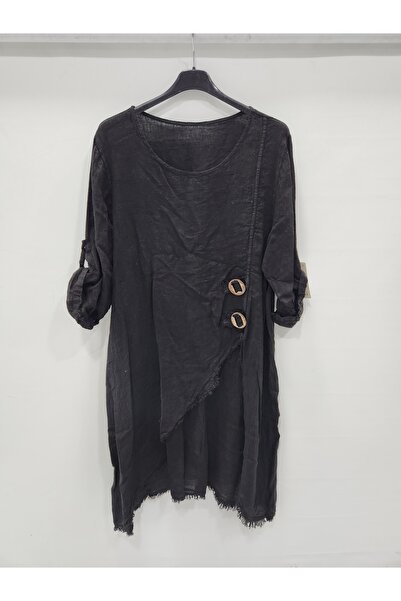 della moor Women's Black Italian Deep Side Y Slit Long Linen Tunic