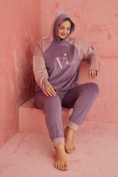 ELİTOL Kadife Battal Vl Hooded Women's Home Set – Lilac Pink