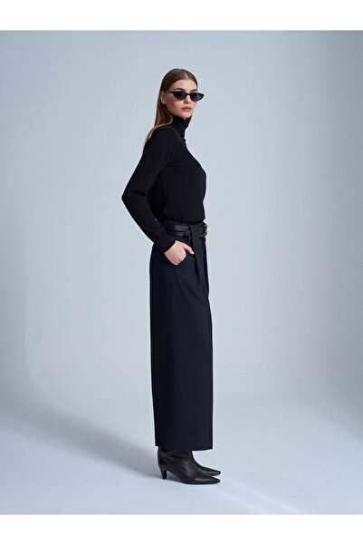 Dilvin 72220 Double Belted Pleated Fabric Trousers-Black