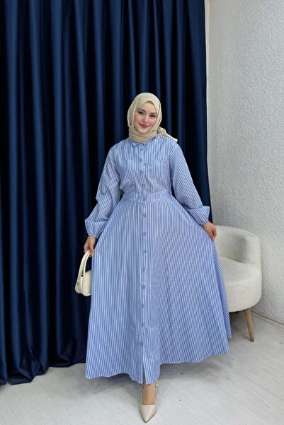 lurex moda فستان مخطط بأزرار كبس