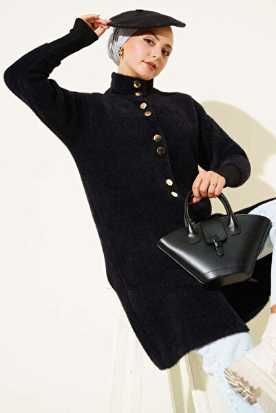 Genel Markalar Metal Düğmeli Sakallı Hırka Siyah