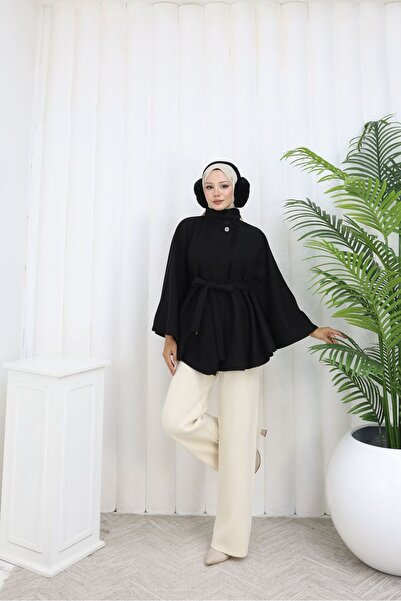 Rema Water-Repellent Imported Chestnut Fabric with Belt and Button Detail Poncho