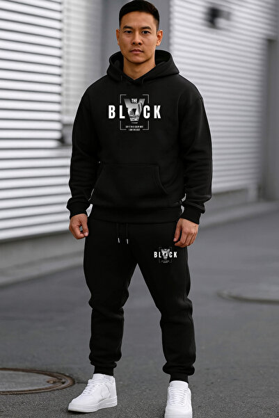 DEEPSENCE Ανδρικό σετ φόρμας με μαύρη κουκούλα και μαύρο στάμπα στο κάτω μέρος