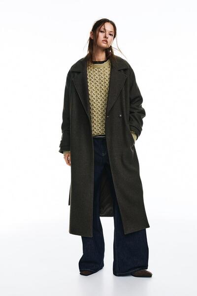 Pull & Bear Long felt texture coat with belt