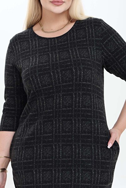 modayız Double Pocket Patterned Stretchy Winter Plus Size Midi Dress 44A-2751