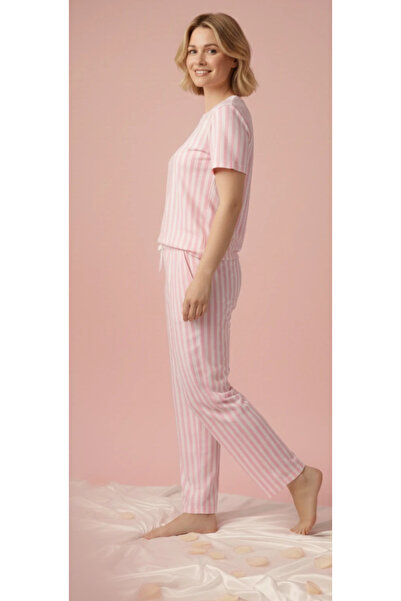 cemo Pembe Beyaz Çizgili Kısa Kollu Pijama
