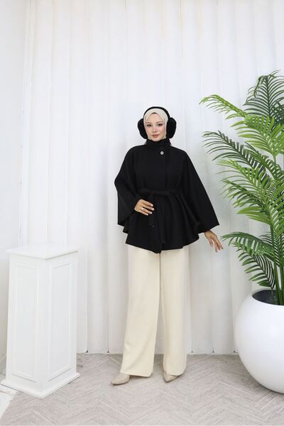 Rema Water-Repellent Imported Chestnut Fabric with Belt and Button Detail Poncho