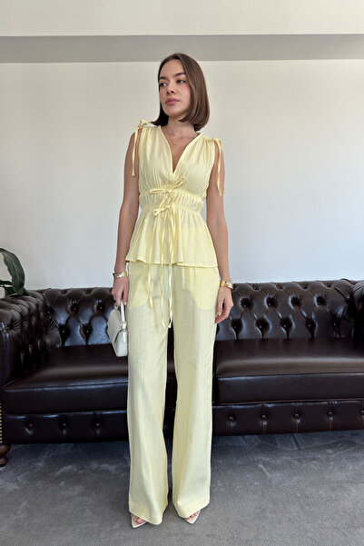 MAGARDE Λινό Σετ με Μπλούζα με Λεπτομέρεια από Λάστιχο - ΚΙΤΡΙΝΟ