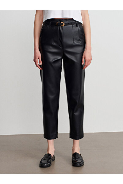 Dilvin 72226 Pantaloni din piele artificială cu talie înaltă cu centură-negru